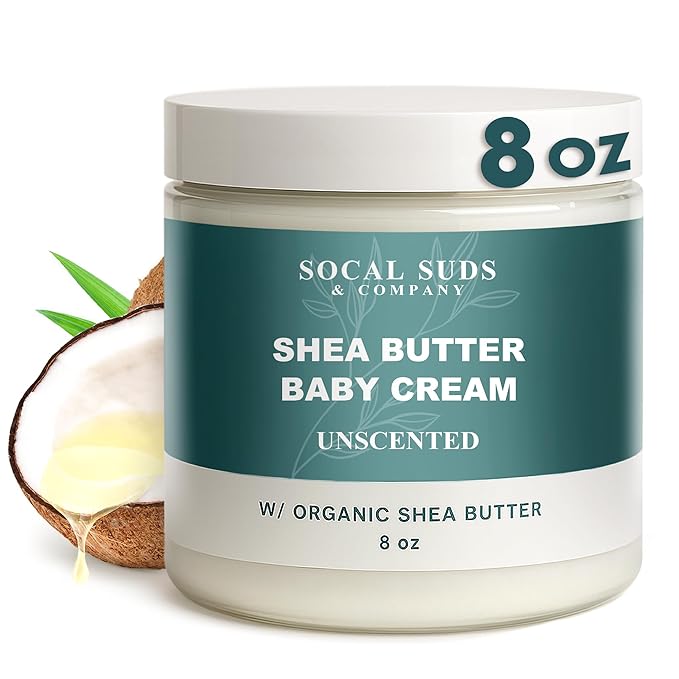 SoCal Suds & Company - Natural & Organic Baby Cream - Gentle Moisturizing Cream for Infant Skin, Nourishing with Aloe, Shea Butter & Coconut Oil, Tender Newborn Skincare - Fragrance Free, 8oz