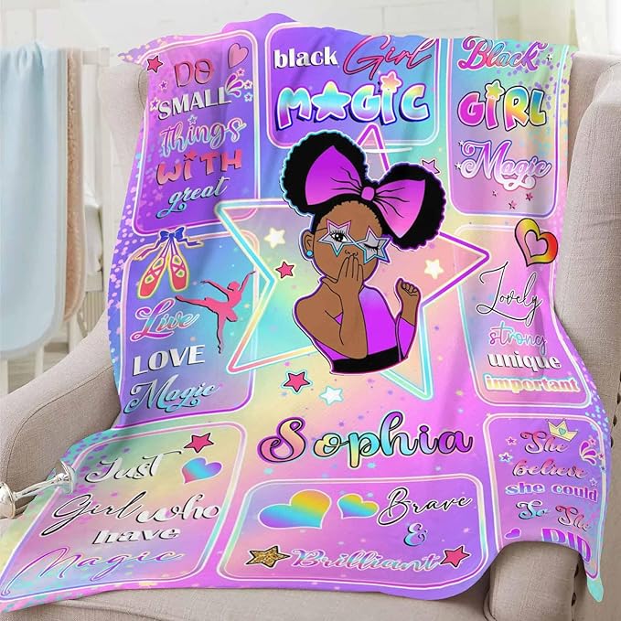 D-Story Personalized Throw Blankets, Custom Blankets with Name American African Girl Blanket Customized Blankets for Kids Adults Women Men Personalized Gifts