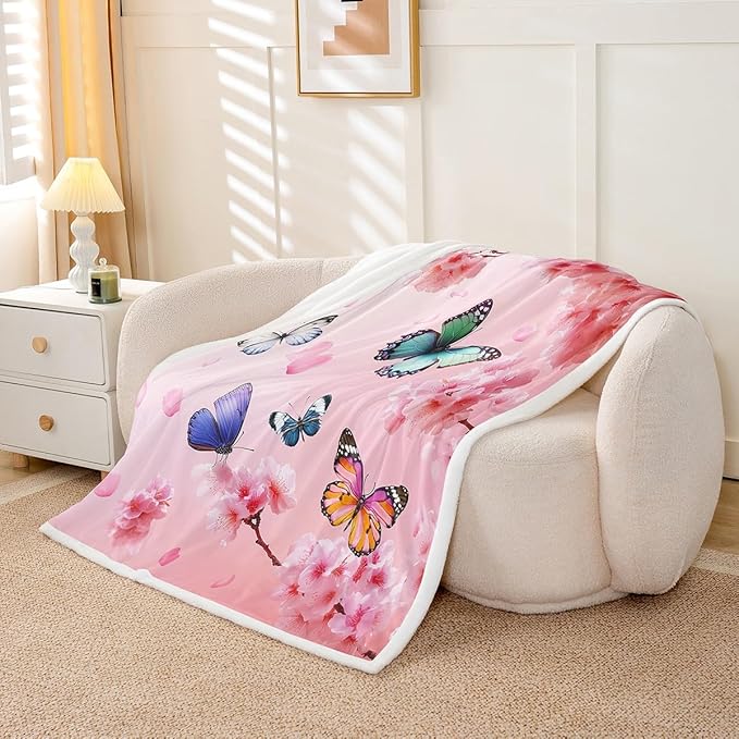 Feelyou Girls Butterfly Fleece Throw Blanket Baby 30"x40" Kids Cherry Blossom Sherpa Blanket Plush Fuzzy for Bed Couch Chair Living Room, Chic Gorgeous Bed Blanket Room Decor
