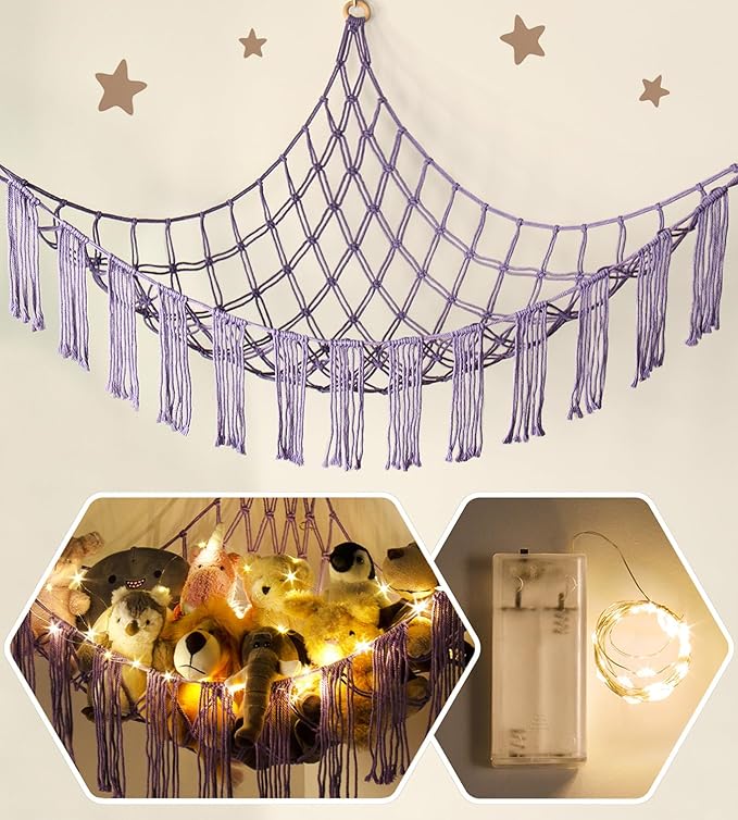 RelaxScene Stuffed Animal Hammock Corner with LED Light - Toy Storage Hammock Plushie Net Organizer - Teddy Bear Stuffy Hammock - Purple Nursery Decor Baby Kids Bedroom Nursery Furniture