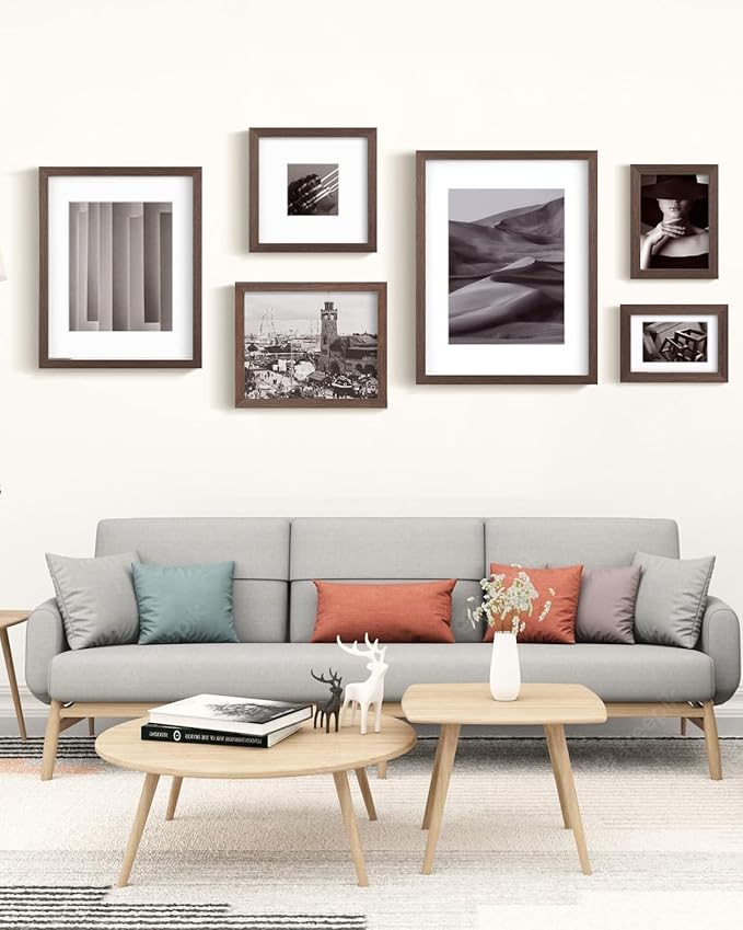 Egofine 12x16 Picture Frames Set of 4, Made of Solid Wood Covered by Plexiglass 9x12 and 11x14 with Mat or 12x16 without Mat, for Wall Mounting Photo Frame Brown