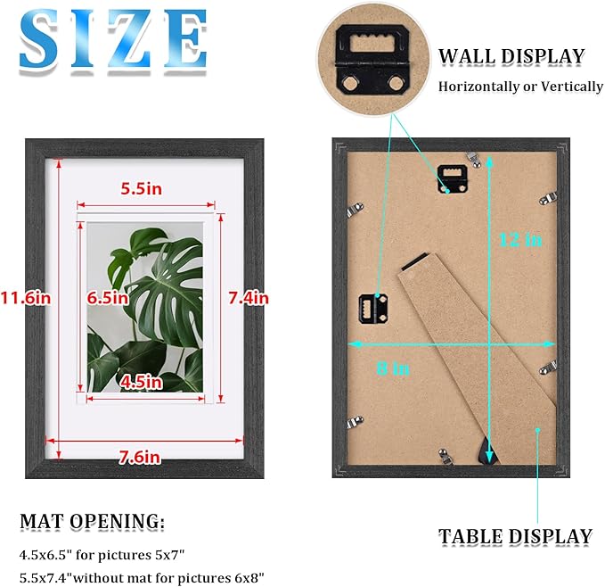 Egofine 8x12 Picture Frames Set of 4, Made of Solid Wood Covered by Plexiglass 5x7 and 6x8 with Mat or 8x12 without Mat, for Table Top Display and Wall Mounting Photo Frame Rustic Black