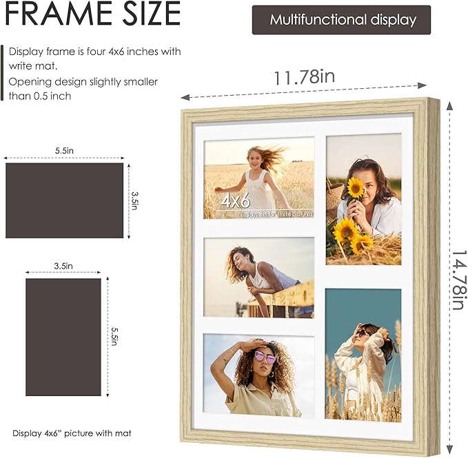 11x14 Collage Picture Frame 4x6 Collage Picture Frame Displays Five 4x6 inch Photos or 11x14 (Without Mat) Wall Decor Wall Hanging or Tabletop Wood Color