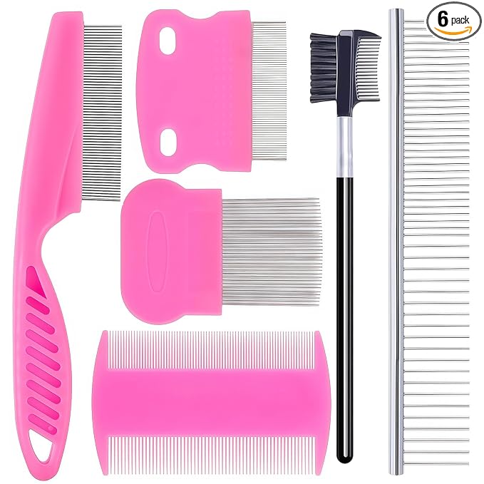 6 Pack Pet Grooming Combs, Stainless Steel Dog and Cat Grooming Combs with Rounded Teeth, Double-Sided Professional Pet Tear Stain Remover for Small, Medium, and Large Pets (Pink)