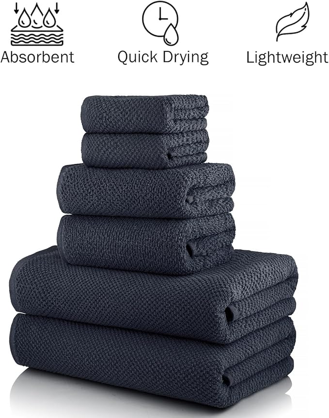 CASA COPENHAGEN Popcorn Textured 6 Pieces Towel Set- Navy Blue, 550 GSM 2 Bath Towel 2 Hand Towel 2 Washcloth, Rough & Tough Use Cotton Towels Gift Set for Bathroom