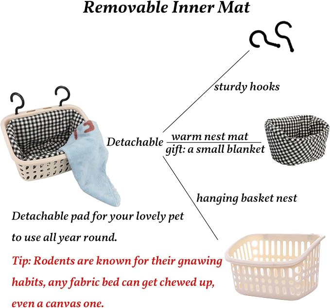 JWShang Rat Hammock for Cage, Chew Proof Hanging Basket Bed with Sturdy Hooks, Pet Cage Accessories, Safe Cozy Small Animal Rodent Hammock for Sugar Glider Mice Snuggling Sleeping