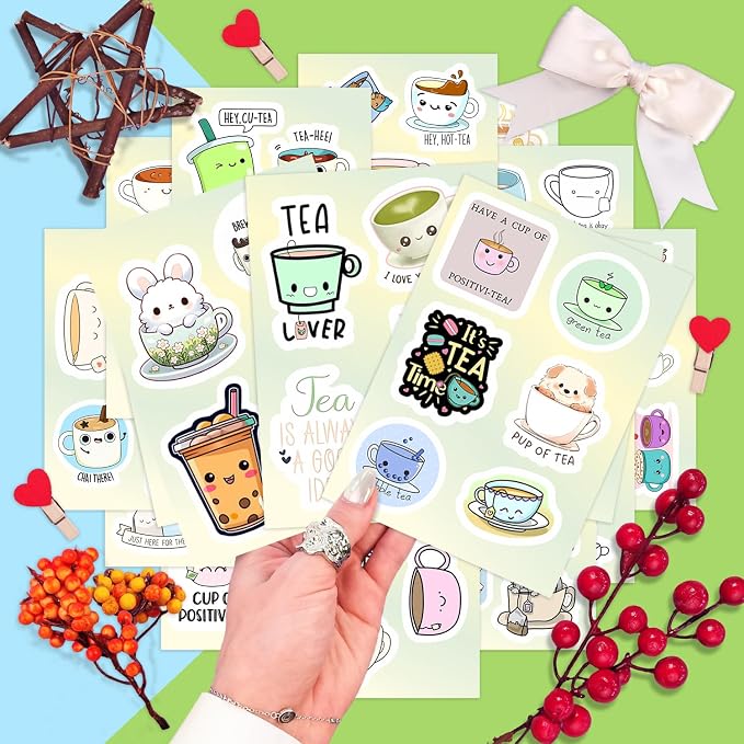 Cute Tea Cup Stickers, Tea Stickers for Water Bottle and Laptop - Tea Cup Party Supplies & Decorations, Waterproof Vinyl Drink Decals, Gifts for Women & Men