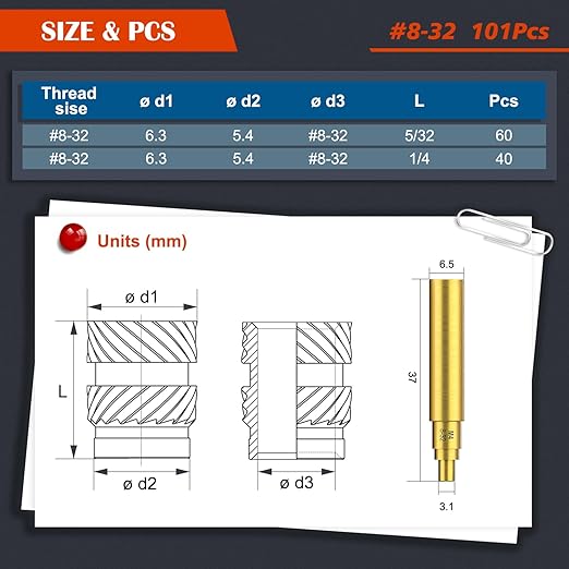 101Pcs #8-32 Threaded Inserts, Female Thread SAE Knurled Nuts Assortment Kit, Brass Heat Set Insert for Plastic and 3D Printing Components(#8-32, L1/4×D6.3 and L5/16×D6.3)