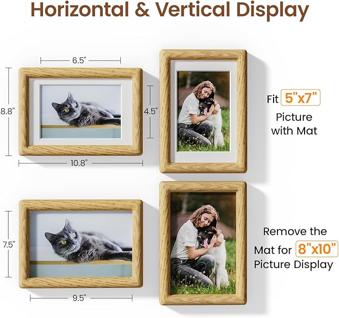 8x10 Picture Frame Natural Oak Wood From California-USA with Real Tempered Glass, Handcrafted 8 x 10 Photo Frame Matted to 5x7 Wedding Photo,Family Picture,Graduation Picture Display on Table & Wall