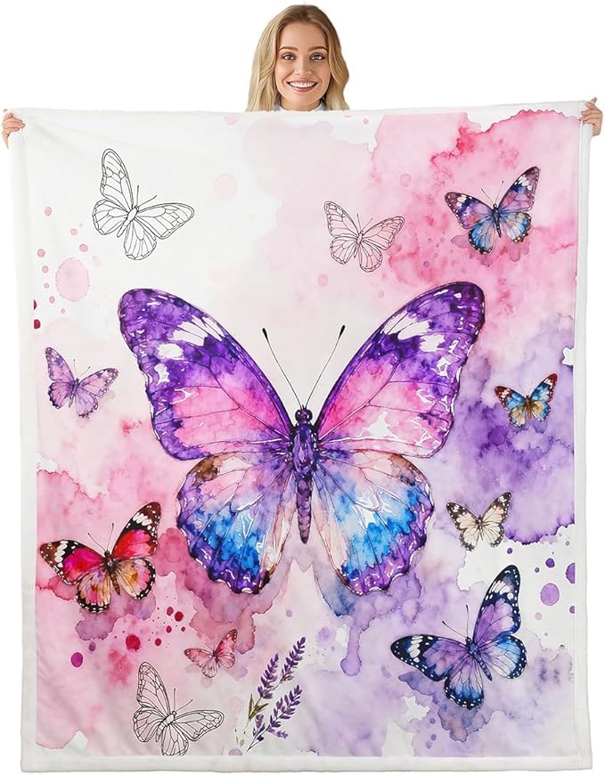 Feelyou Girls Fleece Throw Blanket Twin 60"x80" Kids Watercolor Butterfly Sherpa Blanket Plush Fuzzy for Bed Couch Chair Living Room, Pink Purple Bed Blanket Room Decor