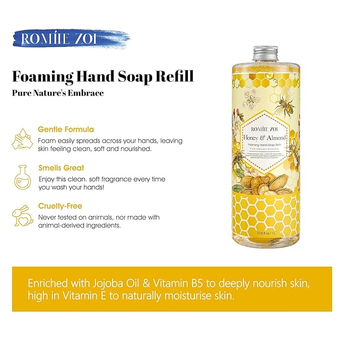 ROMIIE ZOI Foaming Hand Soap Refill, Honey & Almond, Gentle & Moisturizing Formula, 1 L/ 33.8 FL OZ