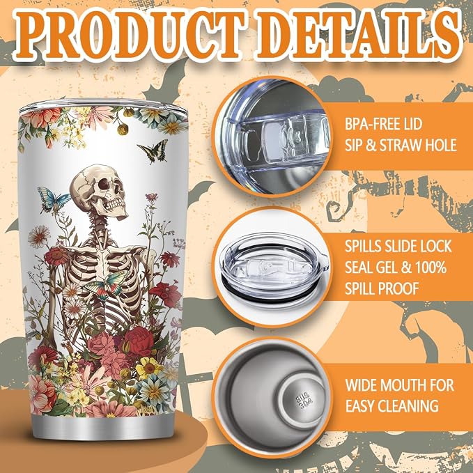 Skull Tumbler, Horror Gifts for Skull Lover Men Women, 20 Oz Horror Wicked Spooky Flower Travel Coffee Tumbler Cup with Straw & Brush, Christmas Birthday Thanksgiving Gifts, 1 PCS