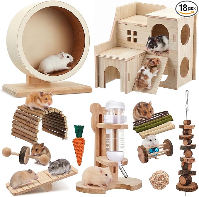 18 Pcs Hamster Cage Accessories, Silent Hamster Wheel 15 Toys Set | Maze Wood House and Water Bottle Set for Rat Mice Small Animals Habitat Decor Enrichment Starters (Harmony Wooden Style)
