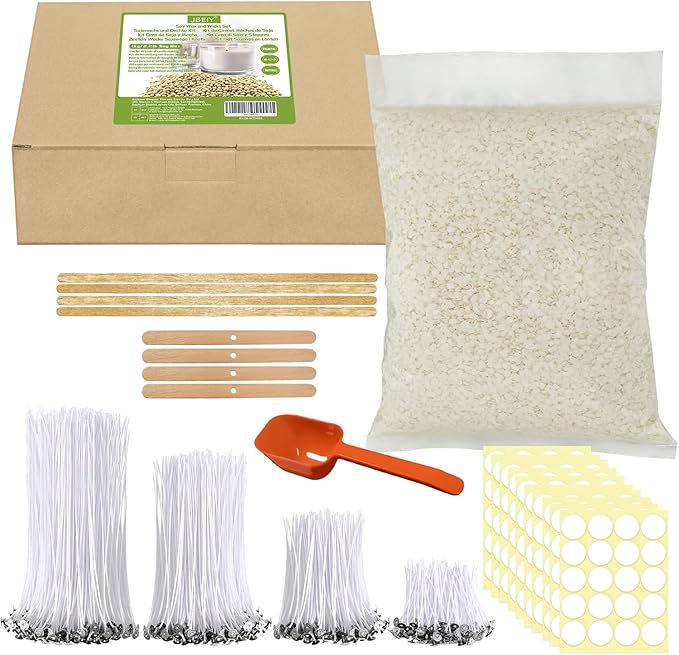JBEIY Soy Candle Wax for Candle Making, Including 2.2 lbs Organics Soy Wax Beads, 200 Cotton Candle Wicks, 100 Wick Stickers, 4 Wicks Holder &1 Spoon, Start DIY Candle Kit for Adults, Beginners