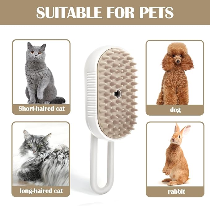 Rabbit Ferret Steam Brush 5 In1 Grooming Kit for Cats Dogs Silicone Massage Tool Stainless Steel Nail Scissors Hair Detangling Comb - Water Spray Rechargeable Shedding Wash-Free Essence (White)