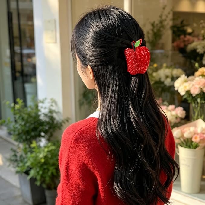 Red Apple Hair Claw Clips for Women Fruit Hair Clips Sweet Summer Jaw Clips | Cute Glitter Apple Jaw Clip Strong Hold Hair Barrettes Funny Christmas Eve Hair Clamp Daily Holiday Party Hairstyle Accessory
