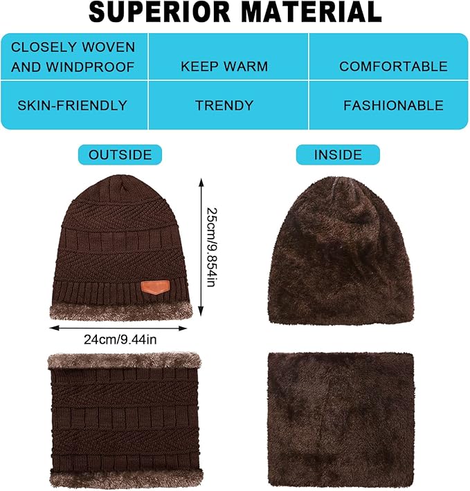 Winter Fleece Lined Beanie Hat Scarf Sock Touchscreen Gloves Set for Men Women