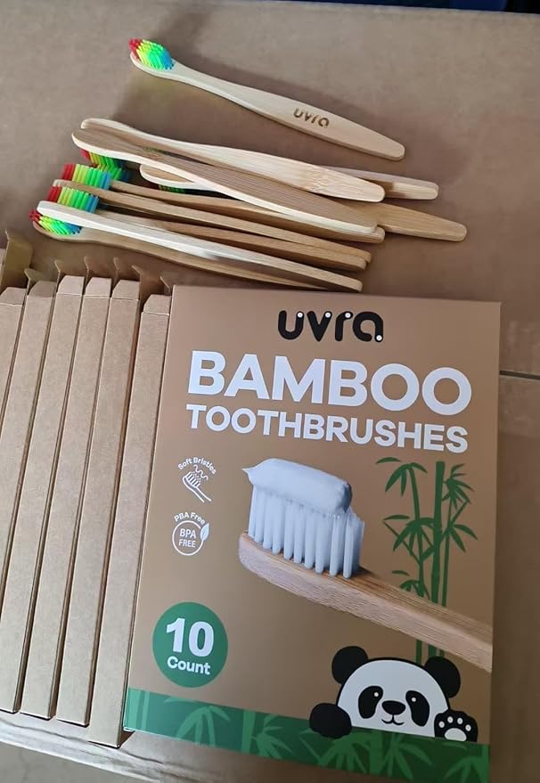 Bamboo Toothbrushes for Adults - 10 Pack Biodegradable Bamboo Toothbrush Teeth Colorful Bristle Natural Bamboo Tooth Brush Dental Eco Wood Toothbrushes (Rainbow)