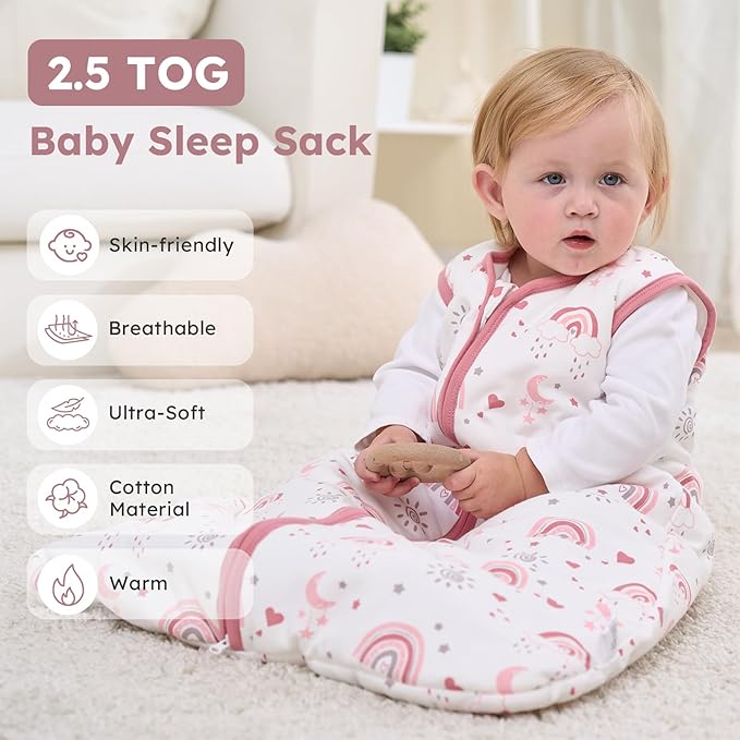 Baby Sleep Sack 6-12 Months, 2.5 TOG Cotton Winter Baby Wearable Blanket with 2-Way Zipper, Warm Soft Sleeping Bag for Newborn Infant Boy Girl, Medium Rainbow