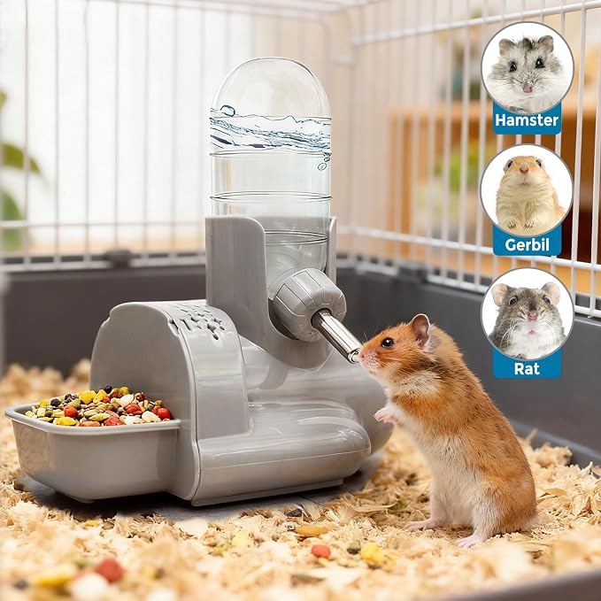VANNON 3-in-1 Hamster Water Bottle with Food Bowl & Hideout Base, Grey | 3-in-1 feeding station combines water, food and hideout space to help keep hamster cages organized and easy to maintain.