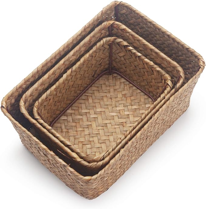 DOKOT Small Woven Wicker Open Storage, Rectangular Handmade Seagrass Baskets for Home, Bathroom Organization（Set of 3）