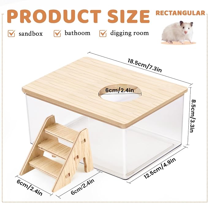 Hamster Sand Bath, Pentagon Hamster Sand Bath Container with Climbing Ladder, Large Acrylic Hamster Dig Box with Wood Cover, Sand Bath for Hamsters Small Animals (Rectangle)