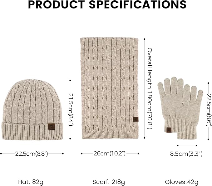 Womens Winter Beanie Hat Scarf Gloves Set, Knit Touch Screen Gloves Long Scarf Skull Caps Fleece Lined Winter Gift