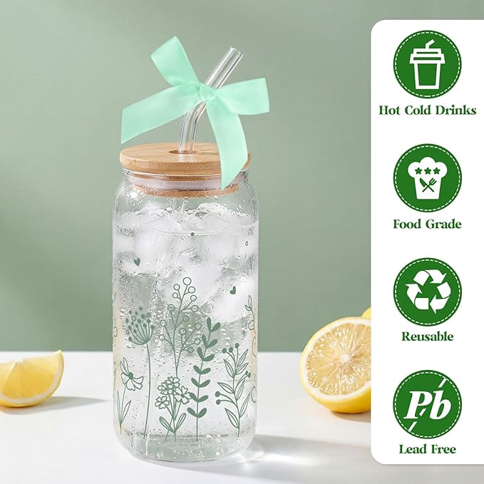 2 Pcs Gift for Women Sage Green Spring Floral Glasses Cups, 16 oz Cute Aesthetic Glass Cups with Lid and Straws Mothers Day Iced Coffee Cup, Idea Gift for Girls New Mom Day Birthday Baby Shower Party