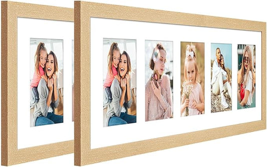 8x24 Collage frame with 5 Openings 4X6 Pictures, Multiple Picture Frame with Mat, Wall or Tabletop Decor, Natural Wood Grain,2 Pack
