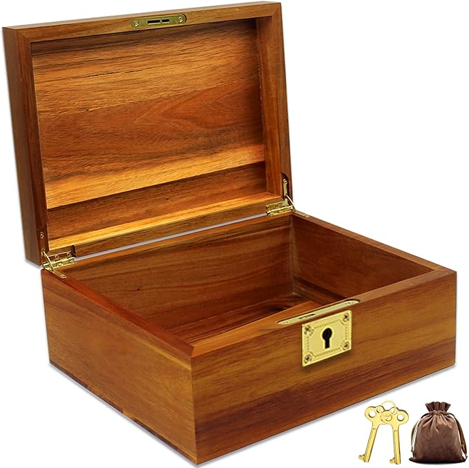 Wooden Box Decorative Large Acacia Wooden Storage Box with Hinged Lid and Locking Key Premium Keepsake Stash Box Lockable Chest for Keepsakes, Valuables, Accessories, Treasured Items(Lock No Grid)