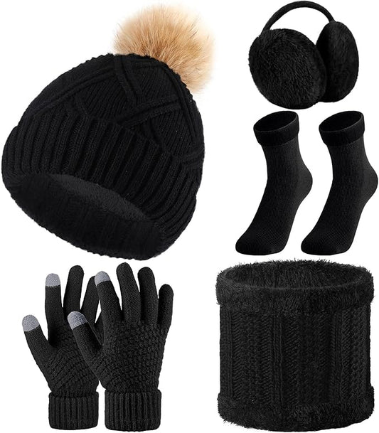 SATINIOR 5 Pcs Winter Hat Scarf Gloves Set Fleece Warm Lined Knit Beanie Hat Touch Screen Earmuff Gloves Warmer for Women