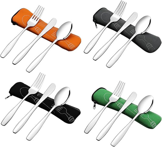 3-Piece Stainless Steel Picnic Cutlery, Portable Silverware Set for Work, Travel Utensil Set w/Case, 4-Pack
