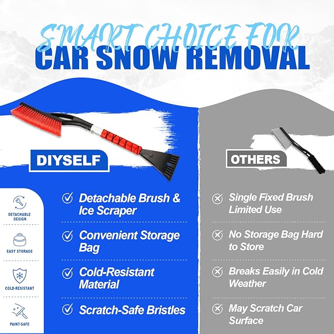 DIYSELF 27" Snow Brush with Two-Size Ice Scrapers for Car Windshield, 4 Pack Detachable Snow Removal Tool, Ergonomic Foam Grip, Snow Scraper for Car, Trucks, SUV, Christmas Stocking Stuffers for Men