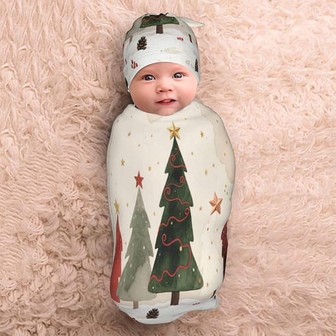Christmas Baby Swaddle Blanket and Hat Set for Newborn Boys Girls Soft Infant Wrap Sleep 0-6 Months Christmas Tree-3