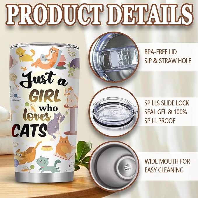 Cat Gifts for Women, Just a Girl Who Loves Cats Tumbler with Straw 20 Oz, Animal Lovers Gifts for Thanksgiving Christmas, Cat Themed Gift for Cats Mom Lover, Kitty Insulated Travel Cup, 1 PCS