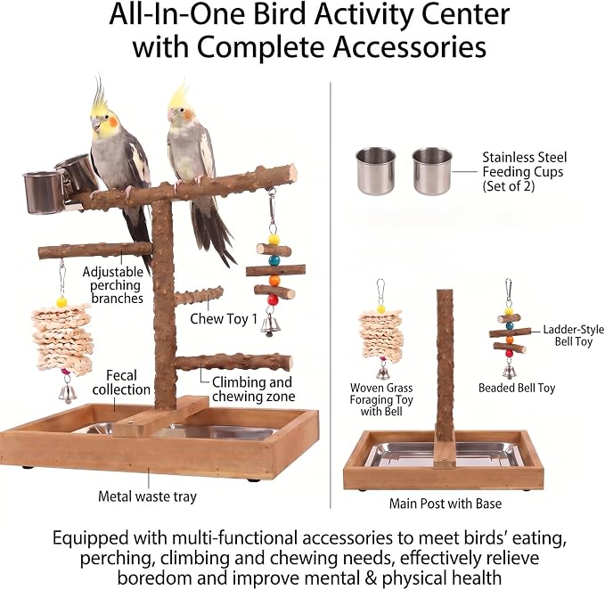 Natural Wood Bird Playground Stand,Bird Perch，Cockatiel Playground | Natural wooden bird stand, playground for small medium birds, feed cups, chew toys and practical removable tray