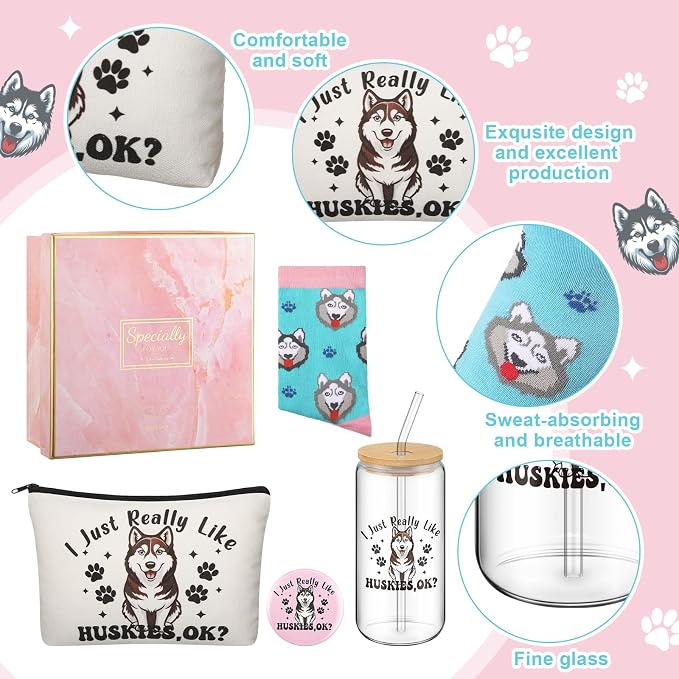 Kacctyen 5 Pcs Christmas Husky Gifts for Women Husky Dog Lover Gifts 16oz Glass Cup Tumbler with Lid Straw Makeup Cosmetic Bag Pocket Mirror Sock for Dog Mom Animal Lovers Birthday Party Favors