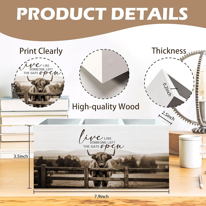 DILSJ Inspirational Highland Cow Pen Pencil Holder Organizer for Desk, Highland Cow Gifts, Rustic Live Like Someone Left the Gate Open Wooden Box Signs for Home Office Desk Tabletop Decoration