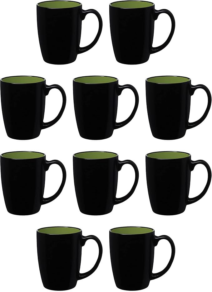 DISCOUNT PROMOS 10 Java Two Tone Coffee Mugs Set, 12 oz. - Stoneware, Durable, Easy Grip - BLACKLIME