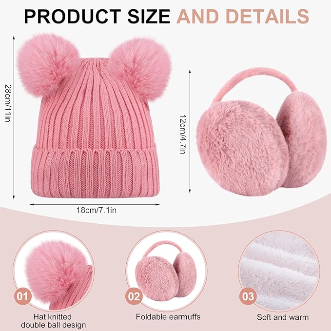 SATINIOR 5 Pcs Winter Hat Scarf Gloves Set Fleece Warm Lined Knit Beanie Hat Touch Screen Earmuff Gloves Warmer for Women(Pink,Cute Style)