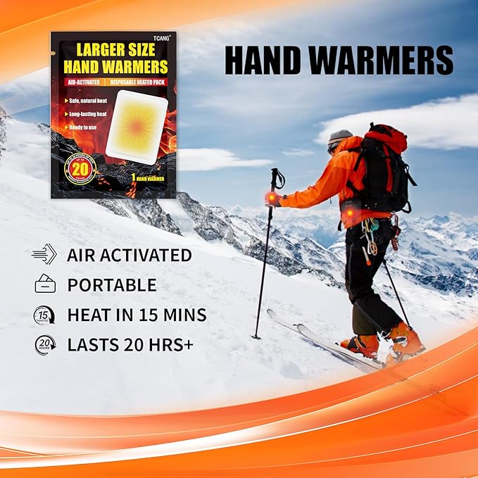 Large Hand Warmers Disposable - Up to 20 Hours of Heat - 50/100 Pack Super Long Lasting Air Activated Warmers, All Natural & Portable for Body, Hands & Toes - Odorless Hot Warmer Heater