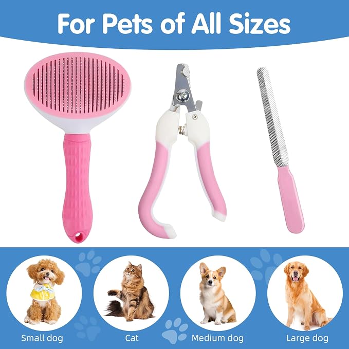 Aglads 3PCS Cat Rabbit Bunny Dog Grooming Kit, Self-Cleaning Slicker Cat & Dog Brush for Shedding, Fine-Needle Comb, Pet Nail Clipper & File for Long/Short-Haired Pets, Easy to Remove Loose (3, pink)