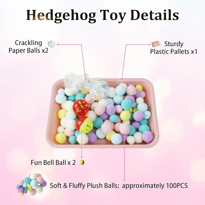 Hedgehog Dig Box Tray, Fun Foraging & Digging Hedgehogs Toy, Includes Rich Colors Balls, Hedgehogs Accessories for Hamsters, Ferrets and Other Small Animals (Pink)