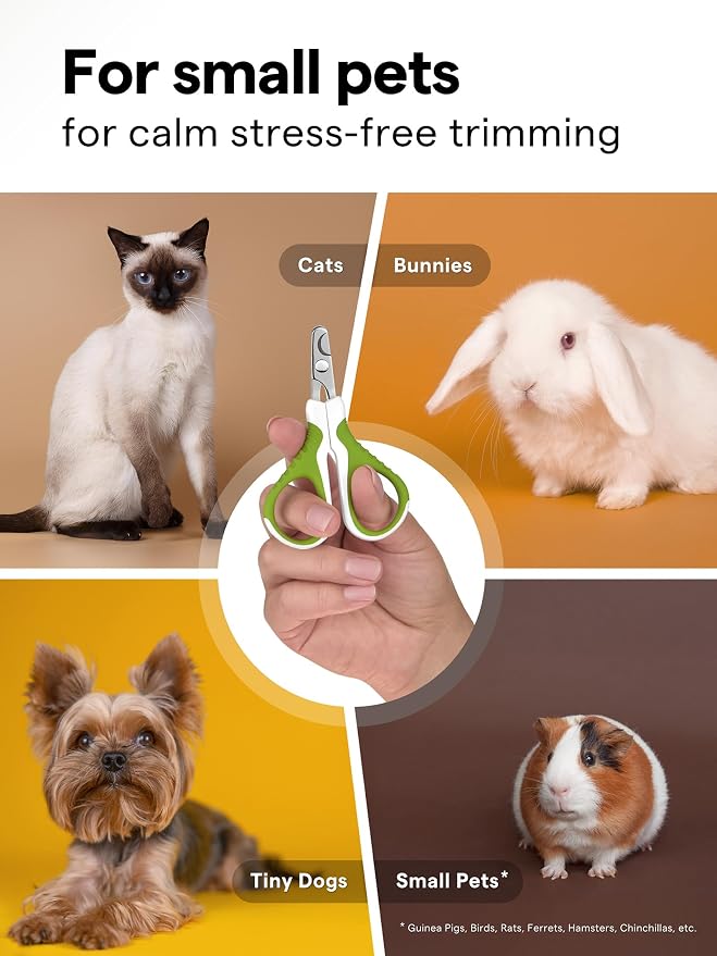 Pet Nail Clippers for Indoor Cats & Small Animals - Precision Angled Blades & Steady Grip - Ideal for Kittens Tiny Dogs Rabbits Birds - Nail Trimmer & Claw Scissors for Home Grooming - eBook + App