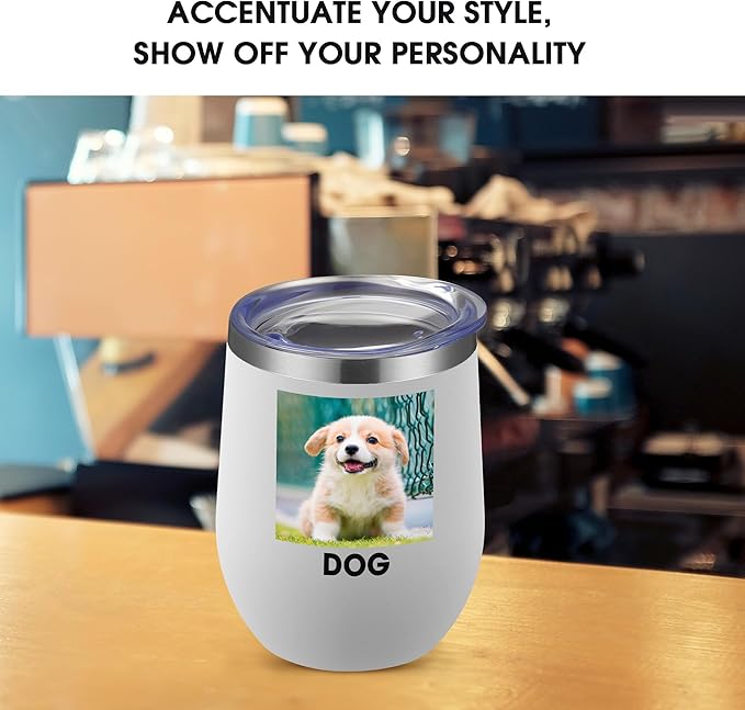 Personalized Custom Wine Tumbler Print in USA 12oz Stainless Steel Travel Coffee Cup with Lid & Straw Double Wall Insulated Mug with Colorful Text Logo Photo