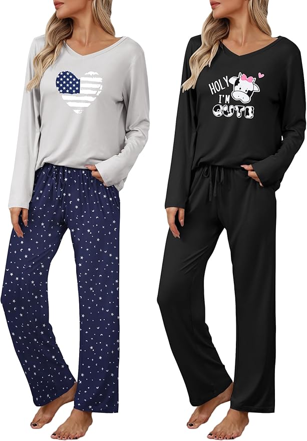 Ekouaer Womens 2 Pack Pajama Set Long Sleeve Pajamas Top and Pants V Neck Pjs Set Soft Loungewear with Pockets