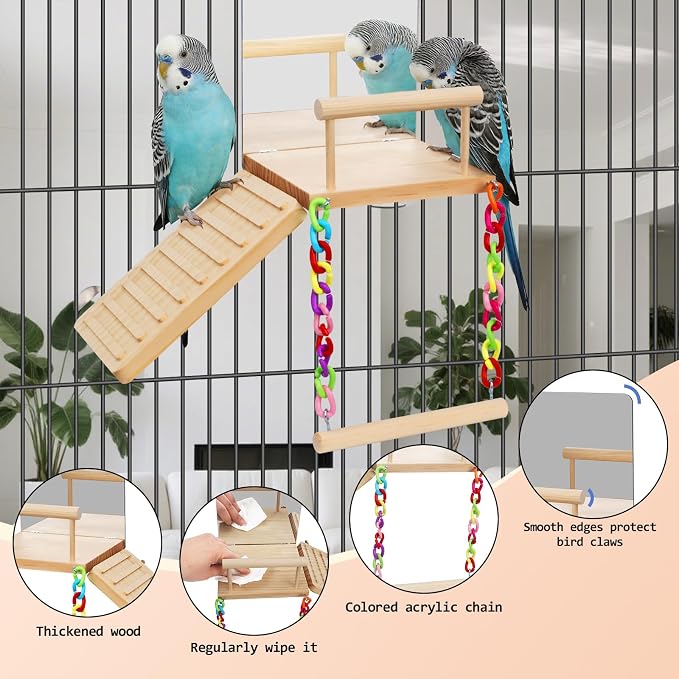 Bird Perches Swing Platform with Bird Mirror Birds Ladder Toys | Climbing Ladder Cage Accessories for Cocktail, Budgie, Lovebirds, Parrotlets Play Gym Exercise Stand (with Mirror)