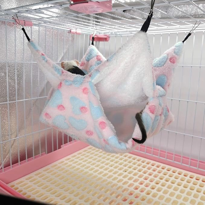 LEFTSTARER Guinea Pig Ferret Rat Hammock Toy Set - Small Animal Cage Accessories Hideout Tunnel & Bunkbed for Rat Ferret Guinea Pig Hamster Sugar Glider Chinchilla (Heart-Pink)