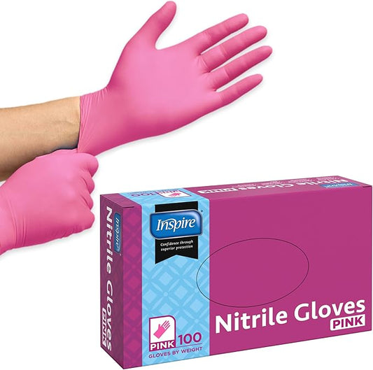 Inspire Pink Gloves Disposable Latex Free | Nitrile Pink Glove Hair and Nail Salon, Esthetician Nitrile Disposable Gloves
