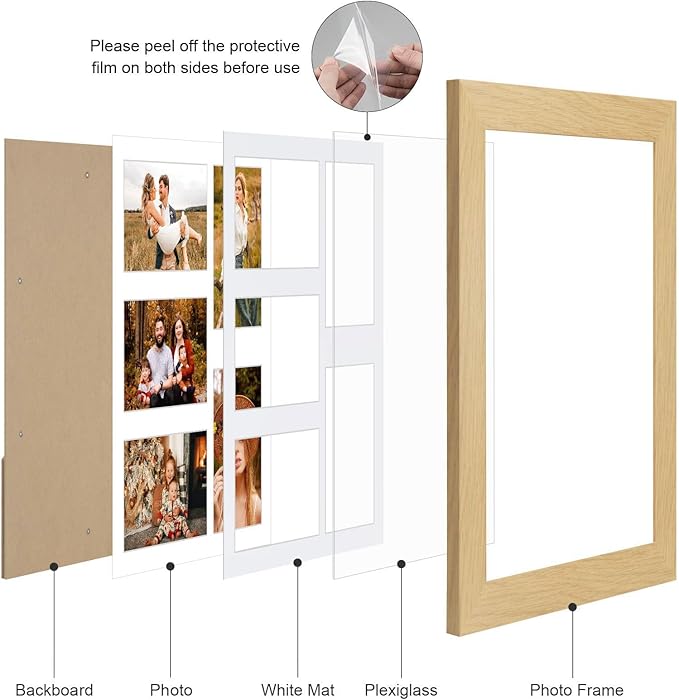 11x14 Picture Frame Display 5 opening 4X6 Picture Frame Collage,Multi Photo Frame with Mat,Plexiglass,Wall or Tabletop Decor,Natural Wood Grain